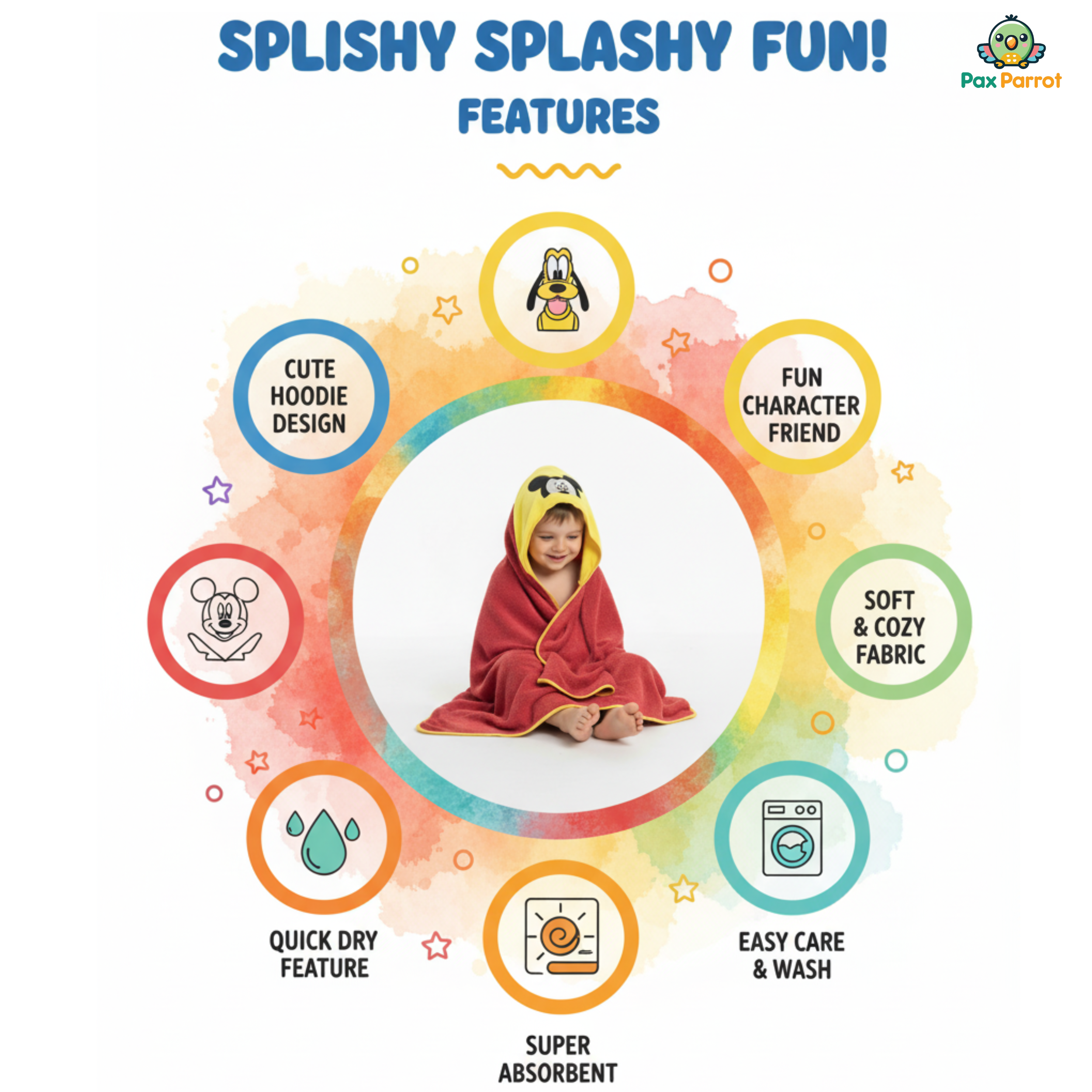 Disney Character Baby Hooded Towel – Soft 280 GSM Cotton Bath Wrap