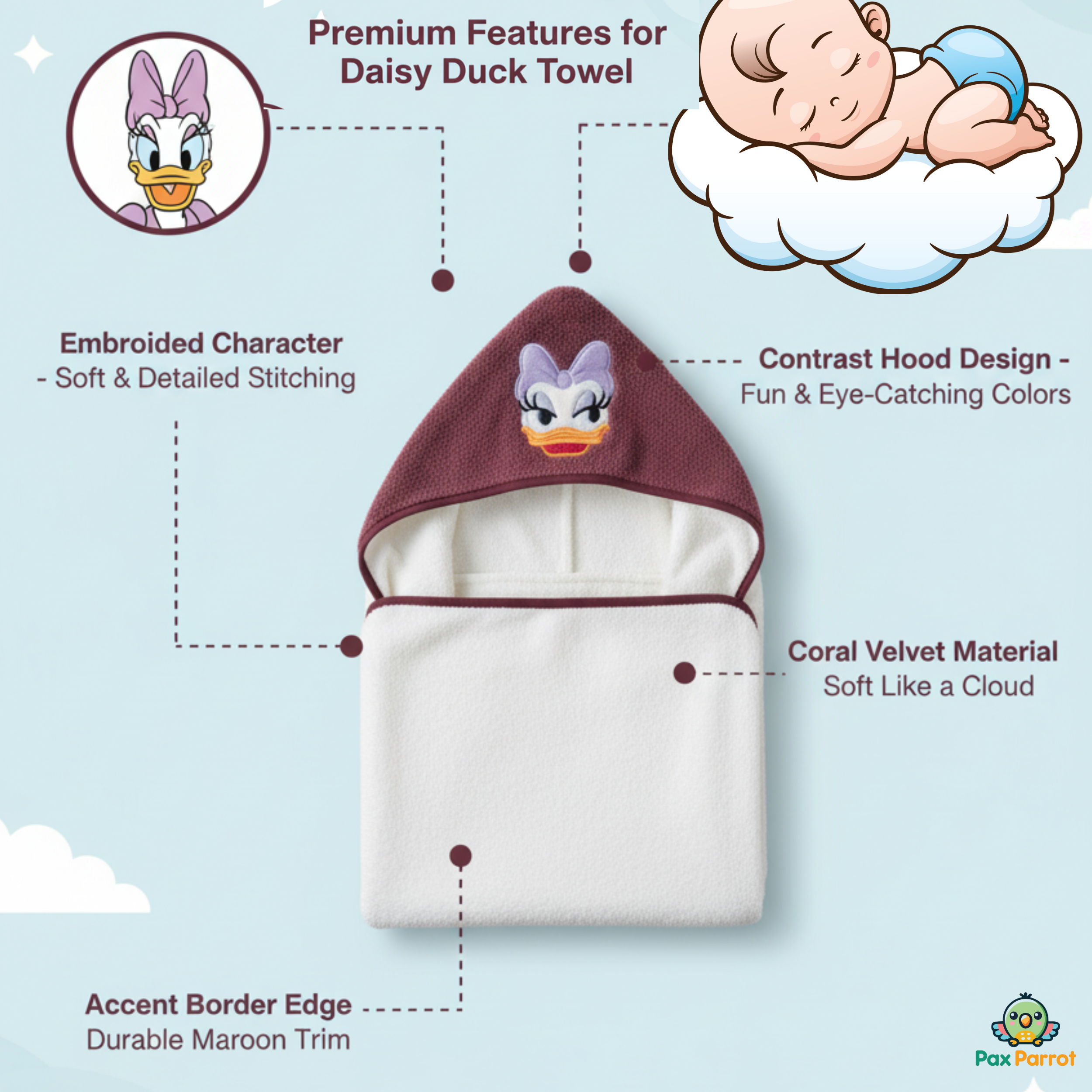 Disney Character Baby Hooded Towel – Soft 280 GSM Cotton Bath Wrap