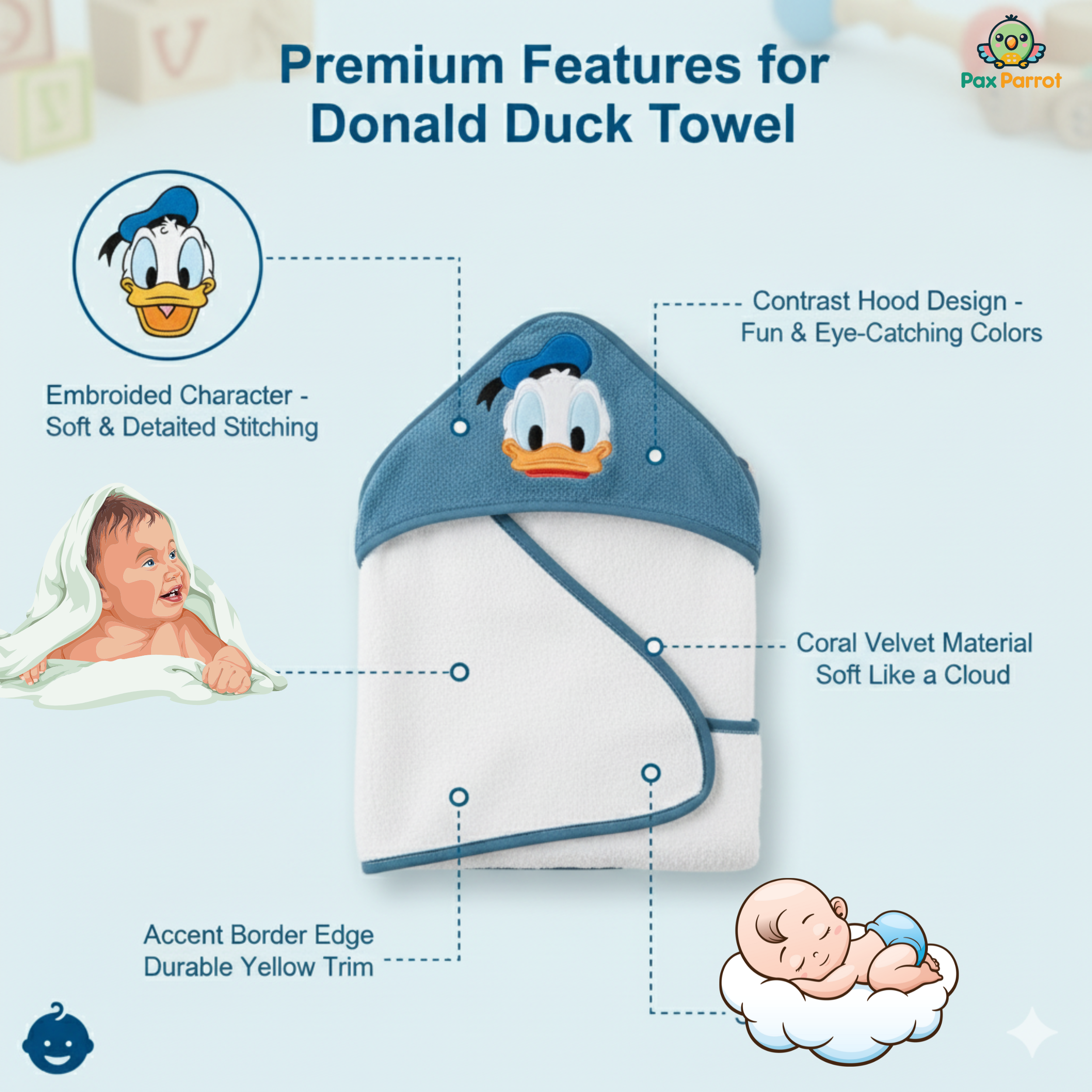 Disney Character Baby Hooded Towel – Soft 280 GSM Cotton Bath Wrap