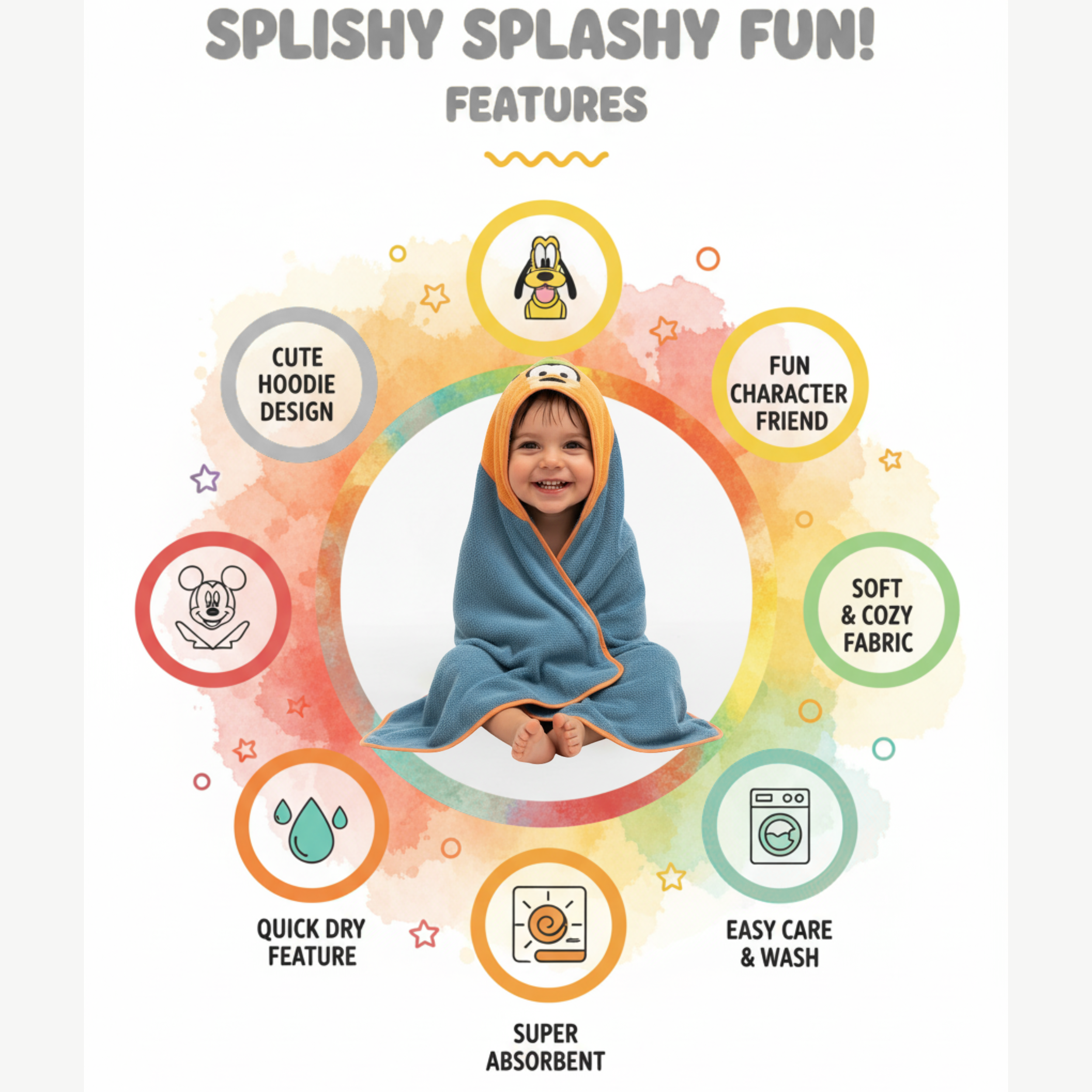 Disney Character Baby Hooded Towel – Soft 280 GSM Cotton Bath Wrap