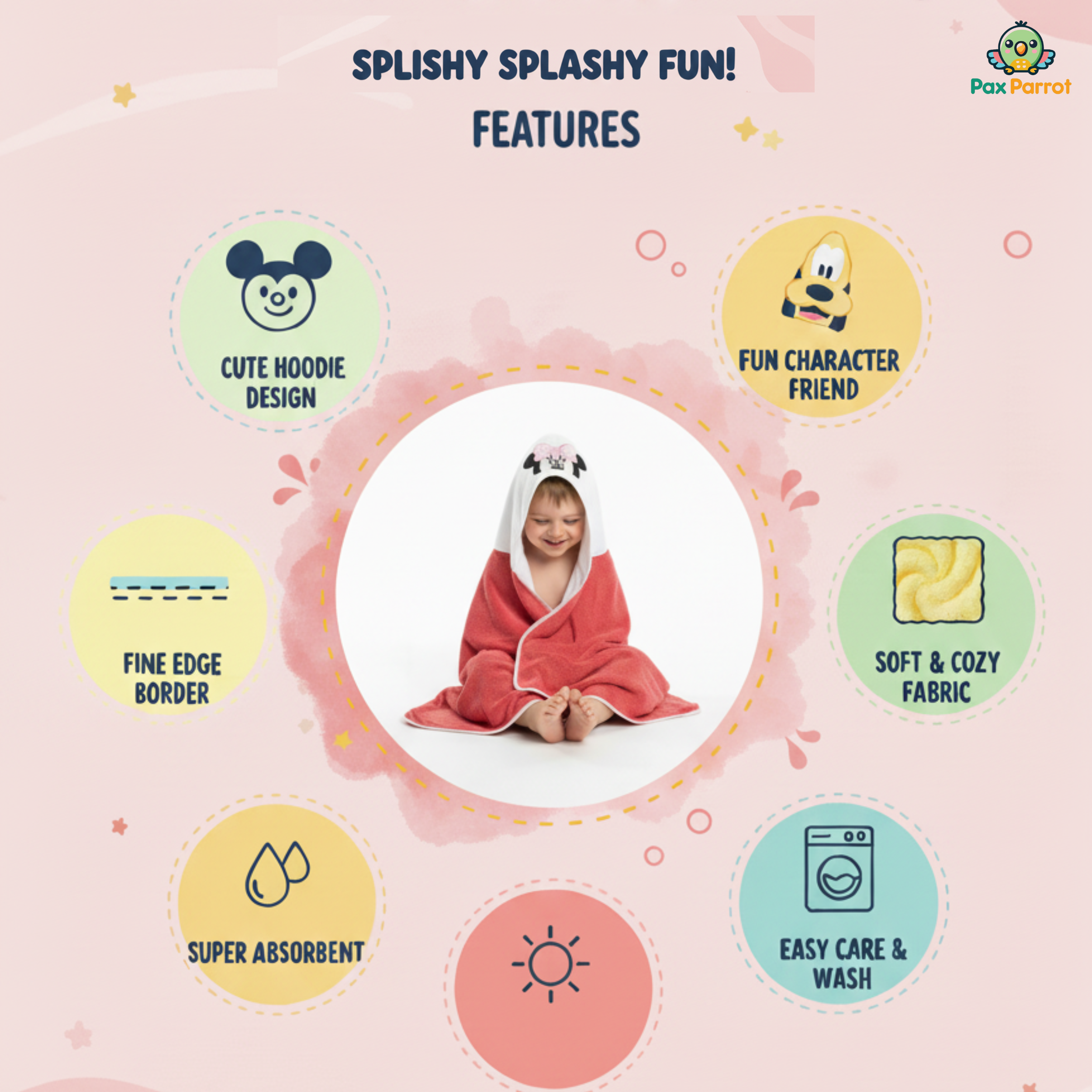 Disney Character Baby Hooded Towel – Soft 280 GSM Cotton Bath Wrap