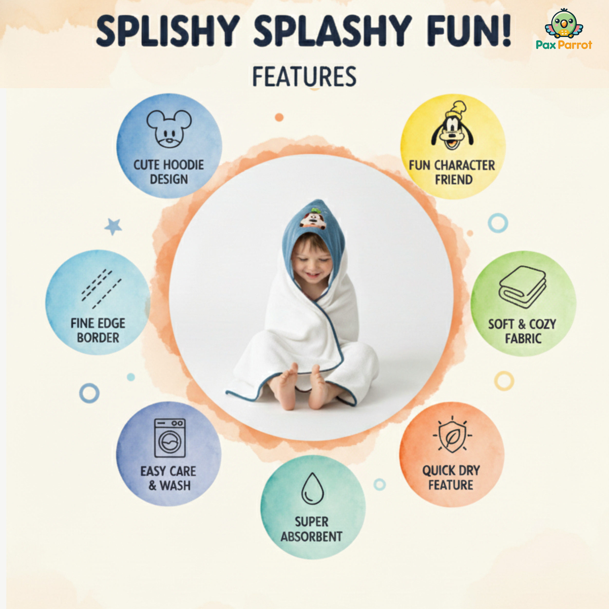 Disney Character Baby Hooded Towel – Soft 280 GSM Cotton Bath Wrap