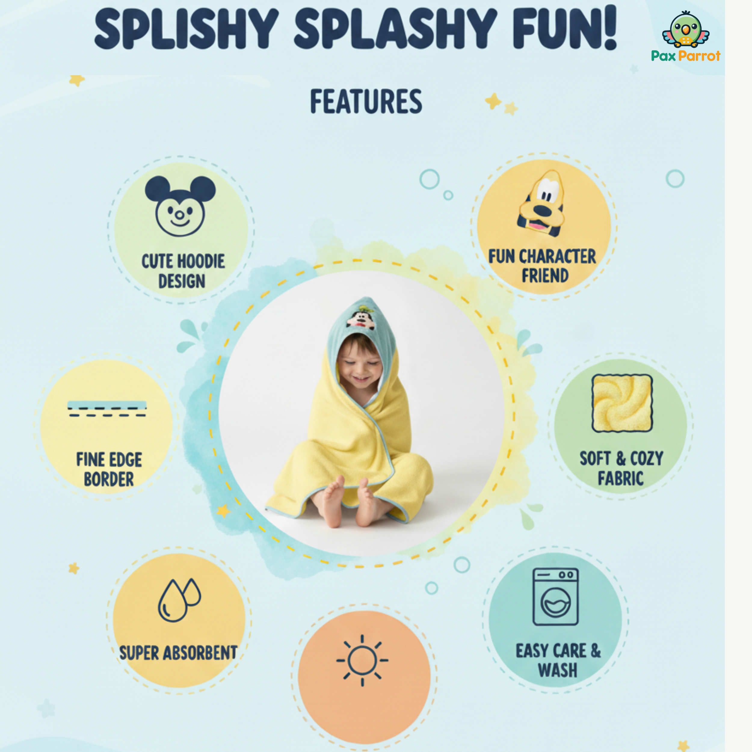Disney Character Baby Hooded Towel – Soft 280 GSM Cotton Bath Wrap