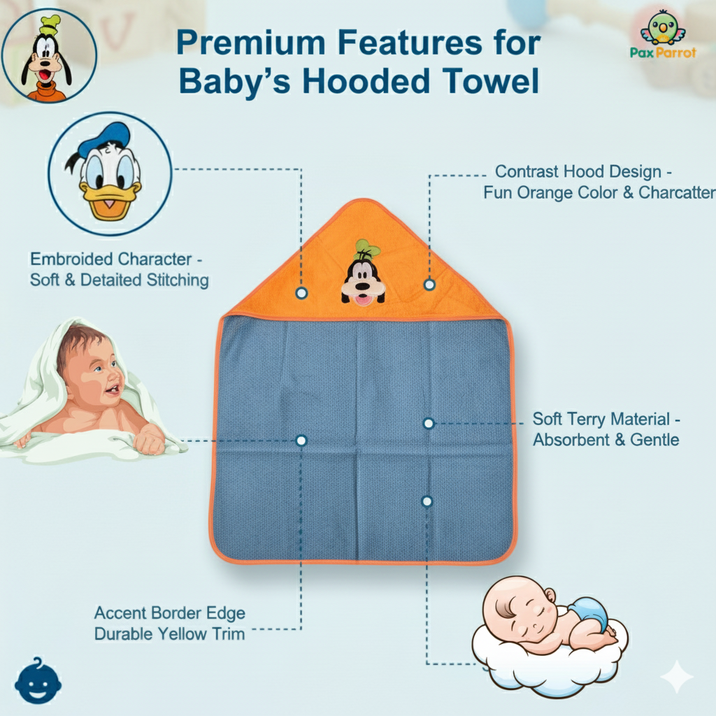Disney Character Baby Hooded Towel – Soft 280 GSM Cotton Bath Wrap