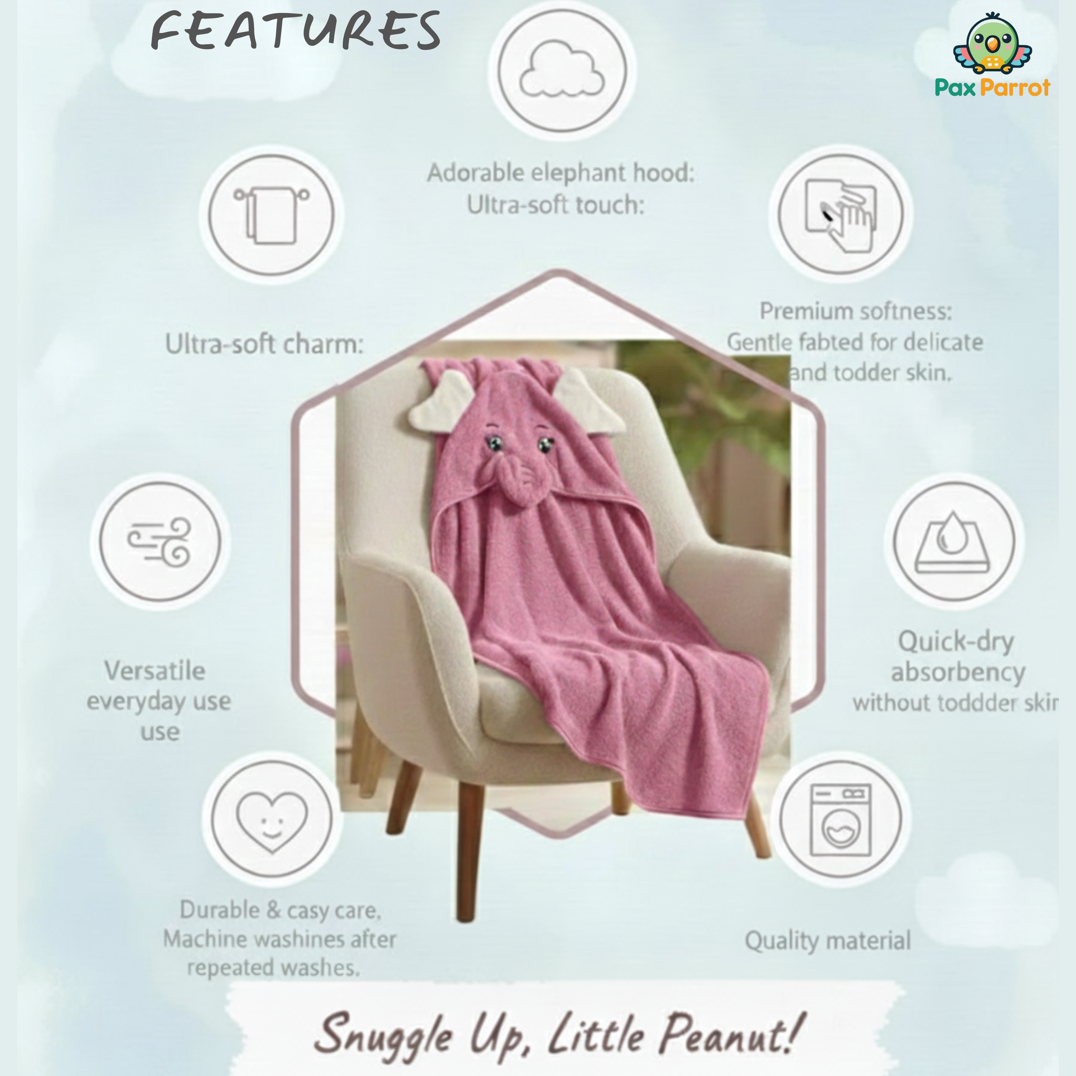 Baby Hooded Towel Wrap with Cute Elephant Design | Soft & Absorbent Baby Bath Towel Blanket | Warm Swaddle Towel for Newborns & Infants | Gentle & Skin-Friendly Baby Wrap (Purple)