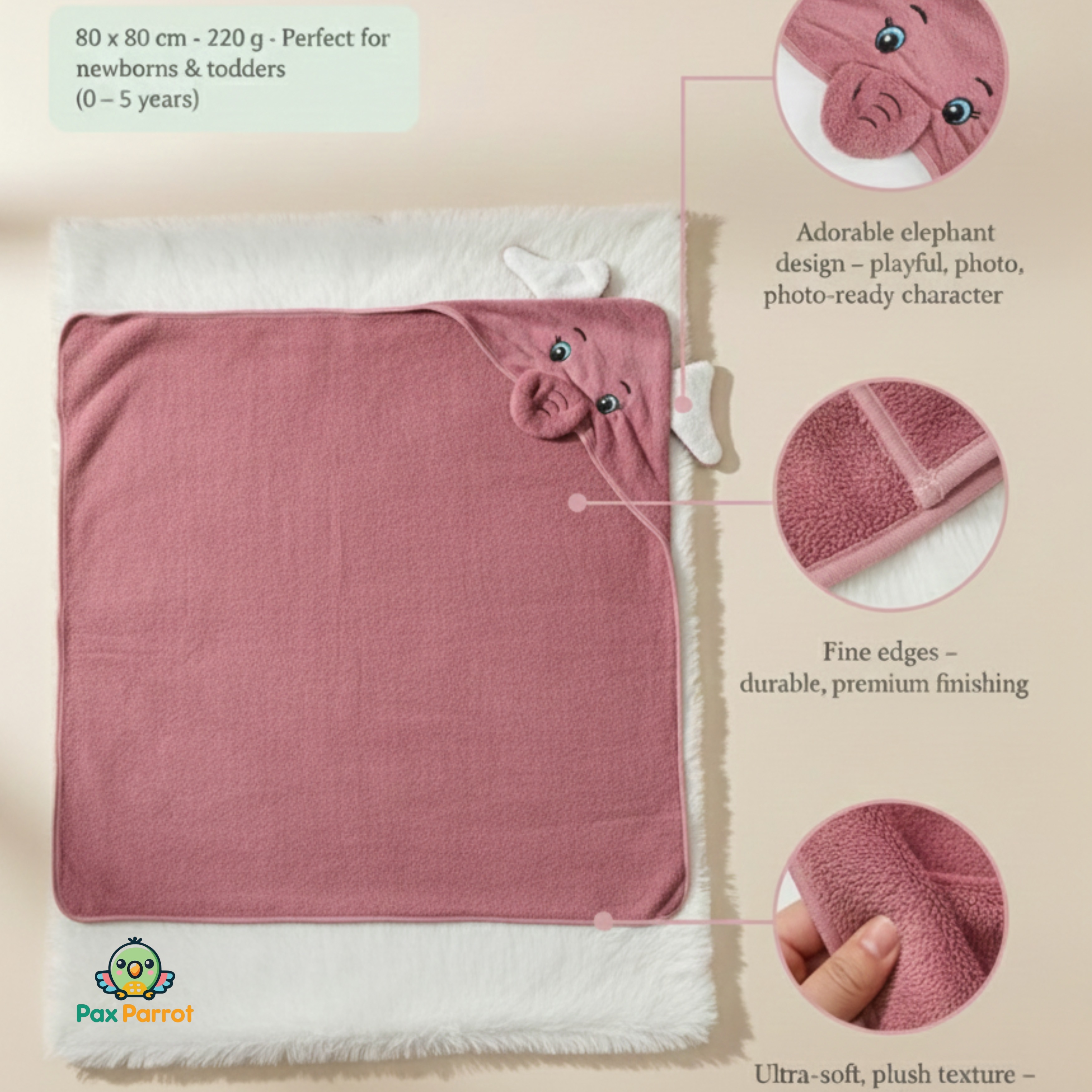 Baby Hooded Towel Wrap with Cute Elephant Design | Soft & Absorbent Baby Bath Towel Blanket | Warm Swaddle Towel for Newborns & Infants | Gentle & Skin-Friendly Baby Wrap (Purple)