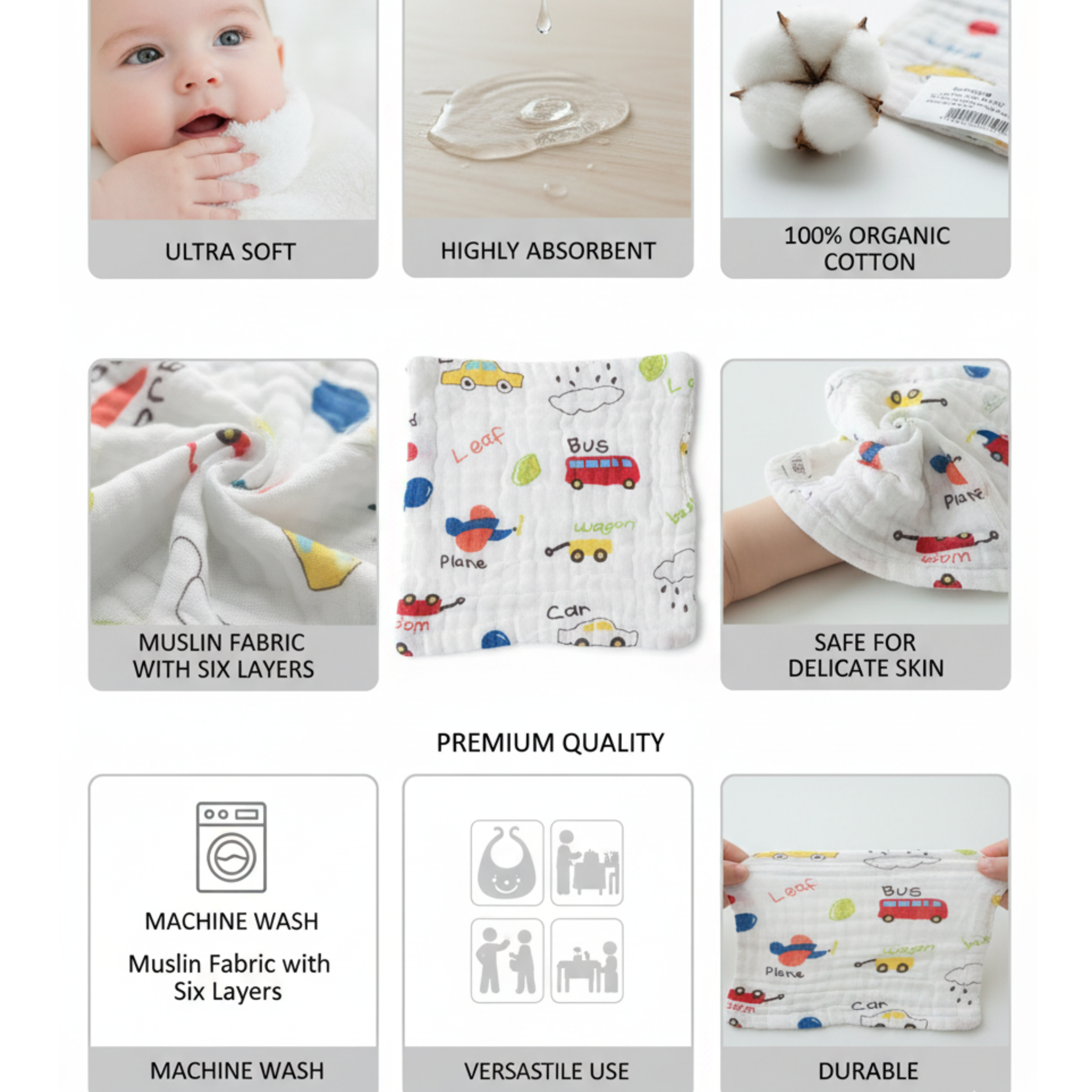 Muslin Cotton Face Towels (Pack of 3) – Ultra Soft 6-Layer Muslin Napkins for Babies